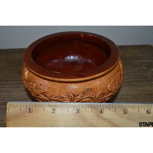 Vintage Faux Wood Carved Mold Resin Footed Floral Leaf Design Bowl Dish Display - Picture 6 of 11